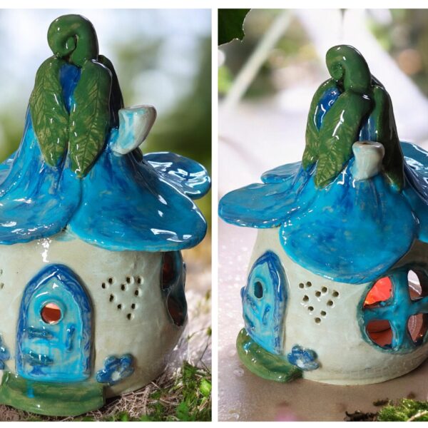 KÉZZEL KÉSZÜLT,fagyálló ,Kék virágos tetejű kerámia tündérház