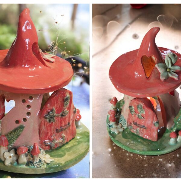 Piros Tündérház -Szerelmes hangulatban. Kézzel készült kerámia mécsesház ,fagyálló kivitelben.